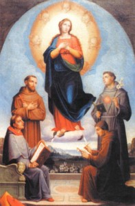 Blessed John and other saints of the Franciscan Order, gathered around Our Lady