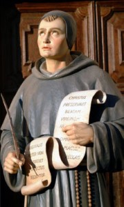 Blessed John Duns Scotus, hold-ing a scroll with a paraphrase of his doctrine about how the Immaculate Conception ties in with the absolute primacy of Christ: ?Christ preserved the Blessed Virgin from every stain of sin; otherwise He would not have been Perfect Redeemer.?